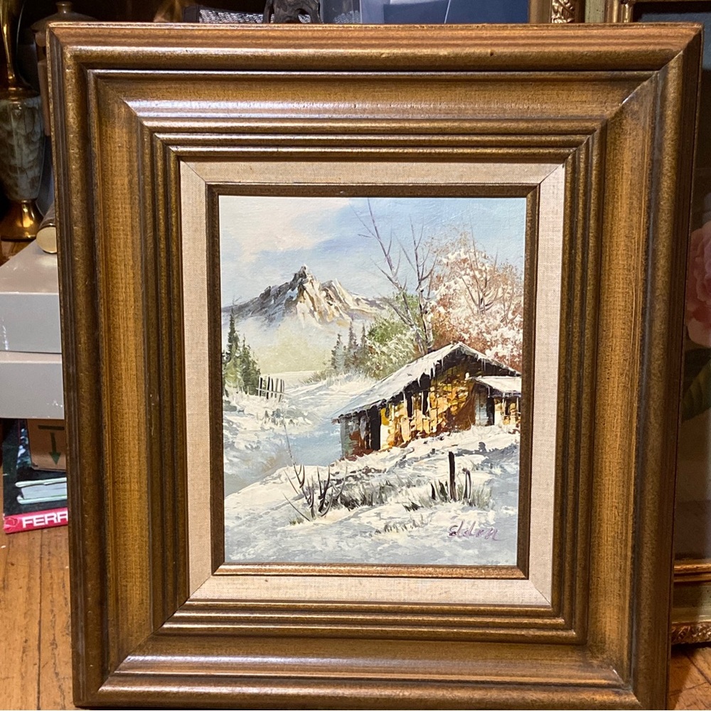 VTG Framed by Eldon Oil Painting on Canvas Landscape Winter Snow Cabin Mountain